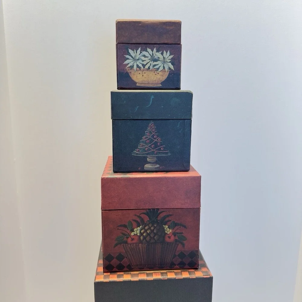 VTG Bob's Boxes Fruits & Flowers Nesting Boxes set of 5 w Lids Festive primative